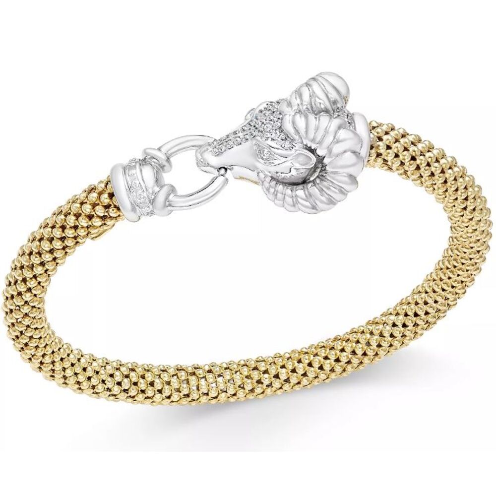 Diamond Pavé Ram Head Bangle Bracelet 14k Gold Plate Sterling Silver Aries ITALY